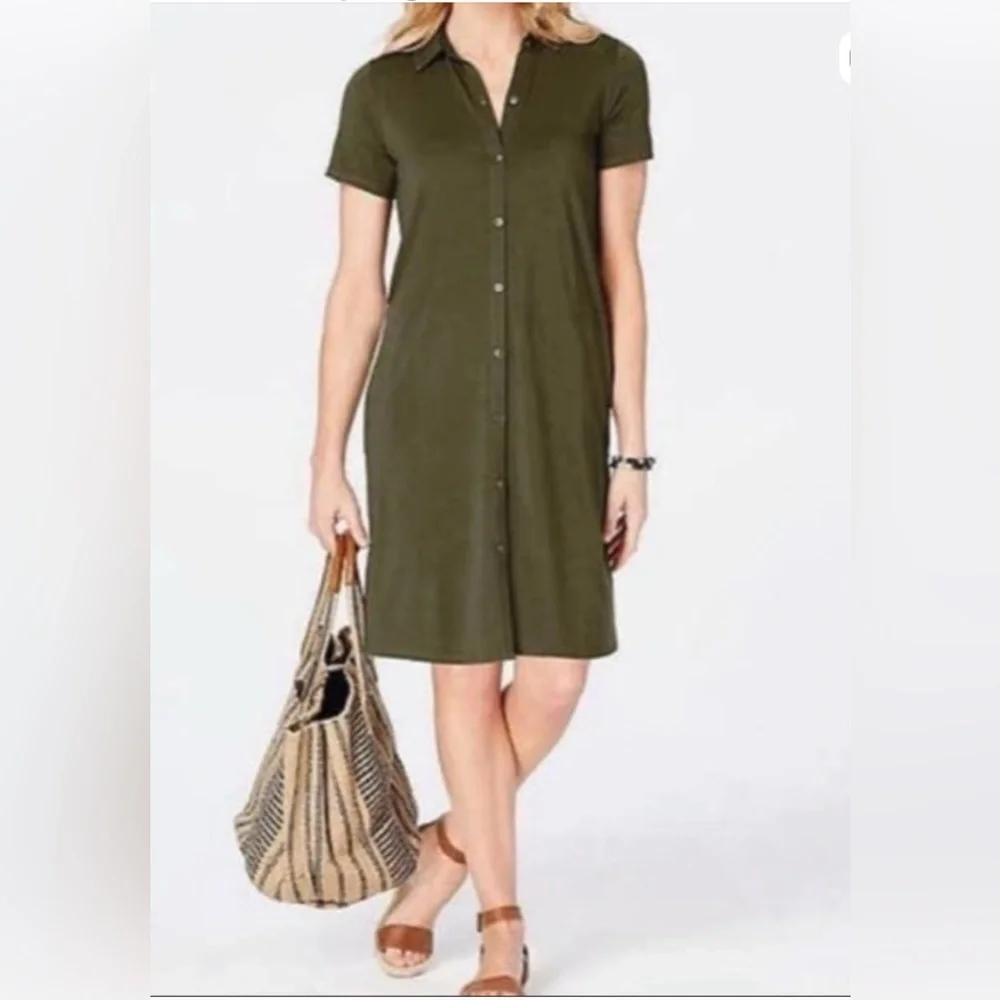 J Jill Womens Size Medium Olive Green Button Front‎ Shirt Dress Pockets Casual